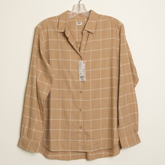Uniqlo Soft Brushed Long Sleeve Shirt Plaid Checked Beige - Picture 2 of 12